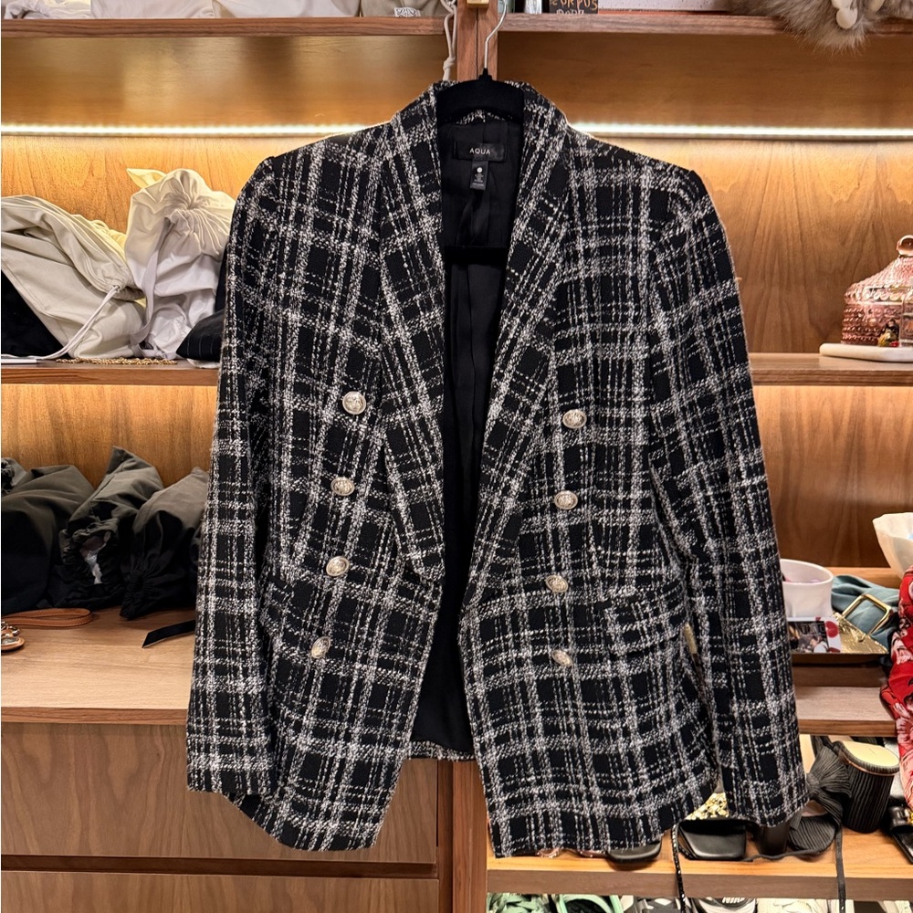 Aqua Black and White Checkered Blazer
